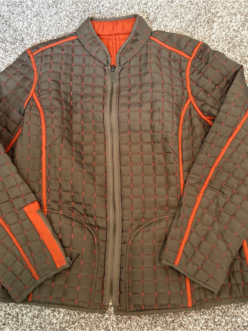 Oleg Cassini Edgey 100% Silk Reversible Quilted Jacket Olive Orange YKK Zip